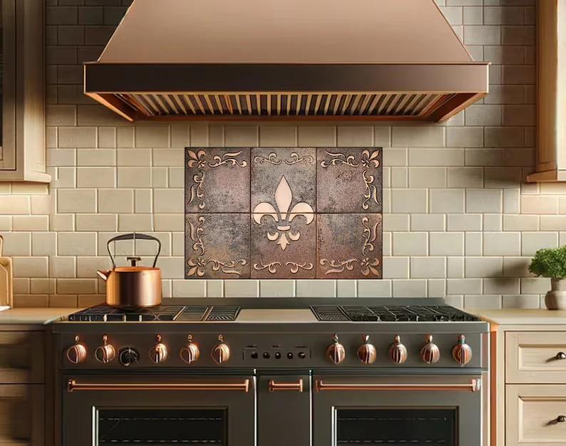Fleur de lis copper tiles with 2 brown patina