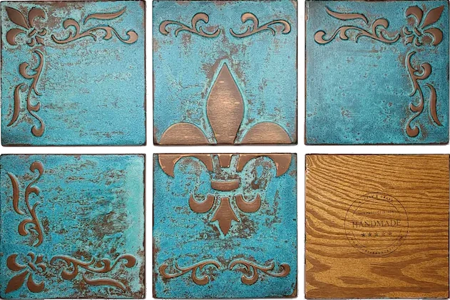 Fleur de lis copper tiles with 3 blue patina