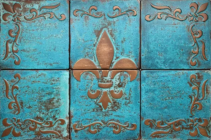 Fleur de lis copper tiles with blue patina