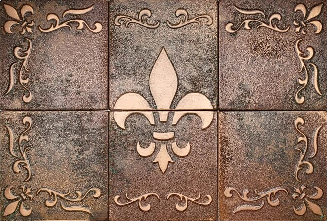 Fleur de lis copper tiles with brown patina
