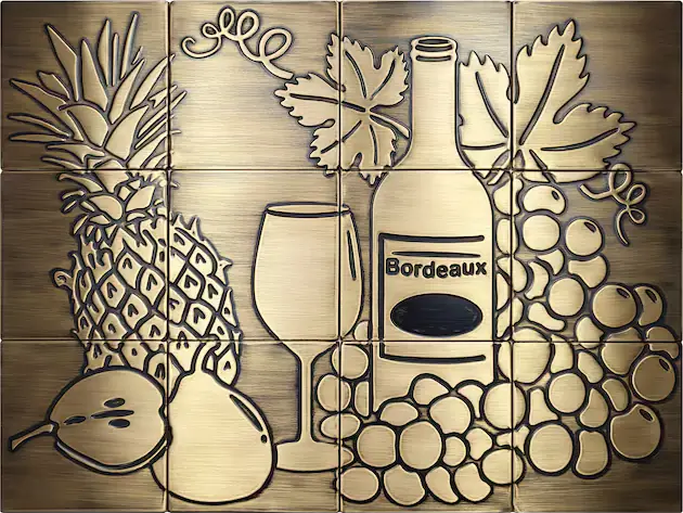 Still life, grapes, pineapples, wine, pear brass backsplash