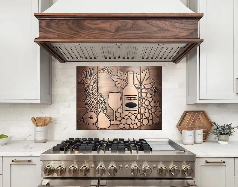 Still life, grapes, pineapples, wine, pear copper 2 backsplash