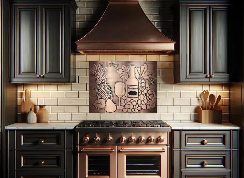 Still life, grapes, pineapples, wine, pear copper 3 backsplash