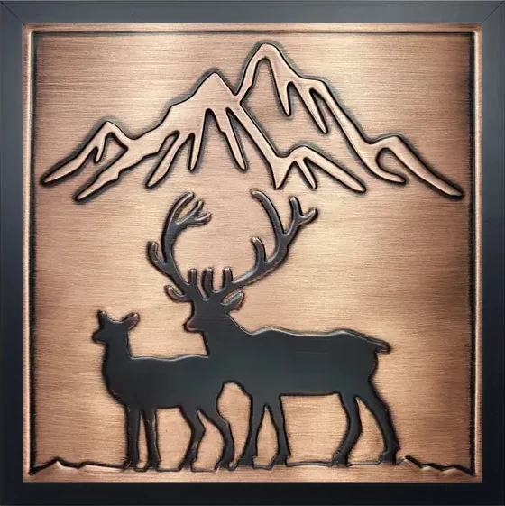 Deer and mountains on framed copper tile