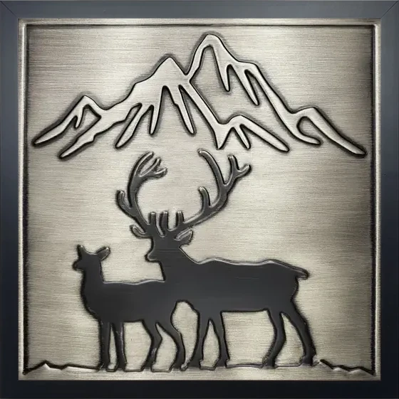 Deer and mountains on framed steel tile