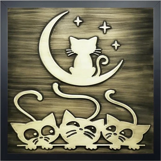 Cats and moon brass tile in wooden frame