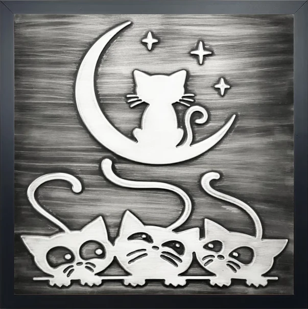 Cats and moon steel tile in wooden frame