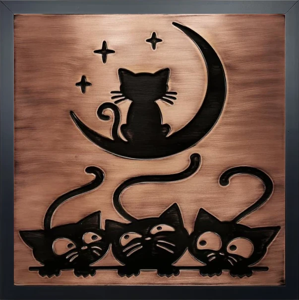 Cats and moon copper tile black version in wooden frame