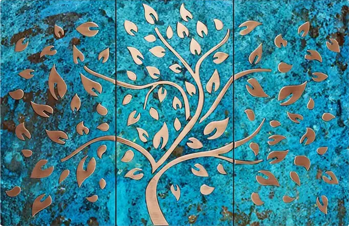 Tree with falling leaves kitchen backsplash blue patina