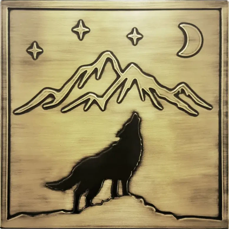 Wolf, mountains, moon and stars brass tile