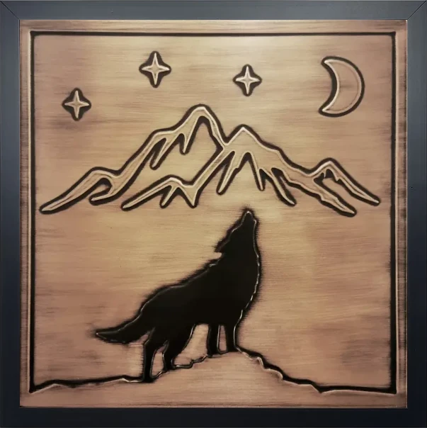 Wolf mountains moon and stars copper tile in wooden frame