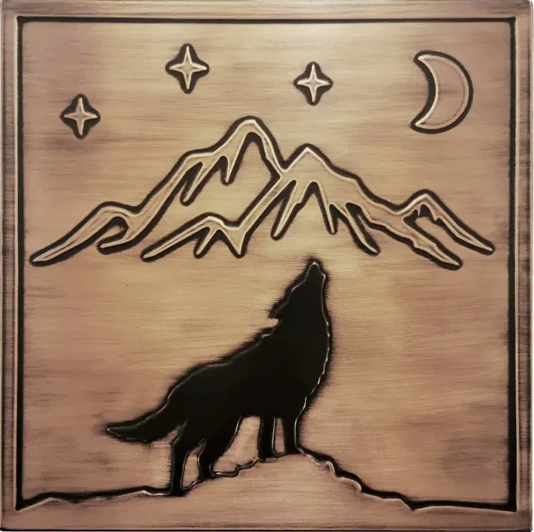 Wolf, mountains, moon and stars copper tile