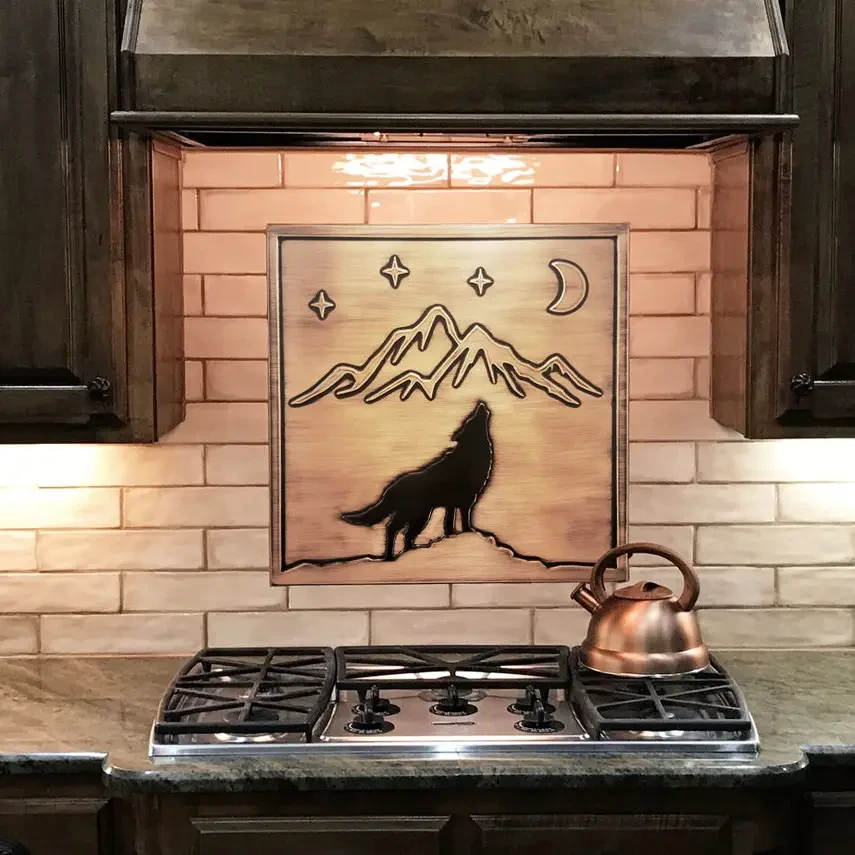 Wolf, mountains, moon and stars metal Tile