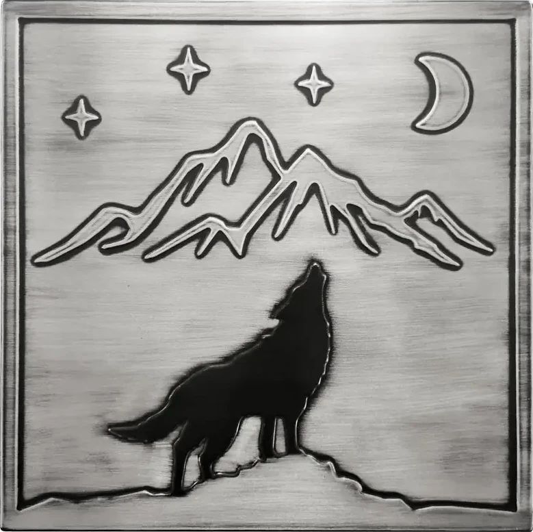 Wolf, mountains, moon and stars steel tile