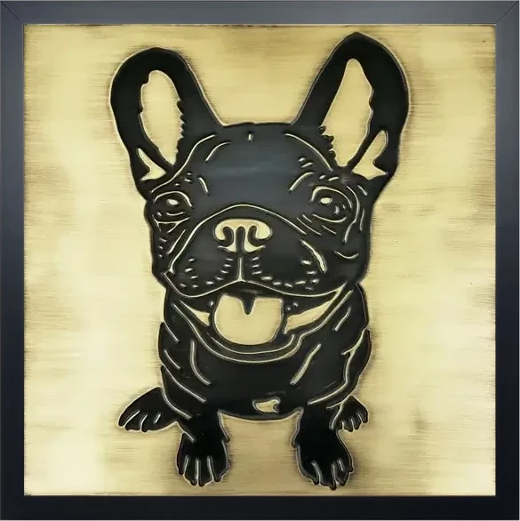 Cute French Bulldog on brass tile in wooden frame