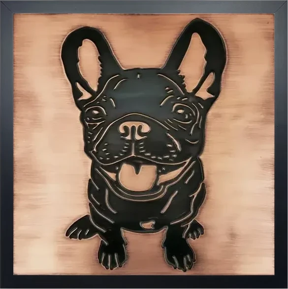 Cute French Bulldog on copper tile in wooden frame