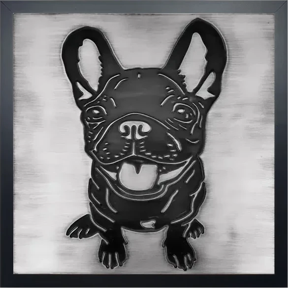 Cute French Bulldog on steel tile in wooden frame