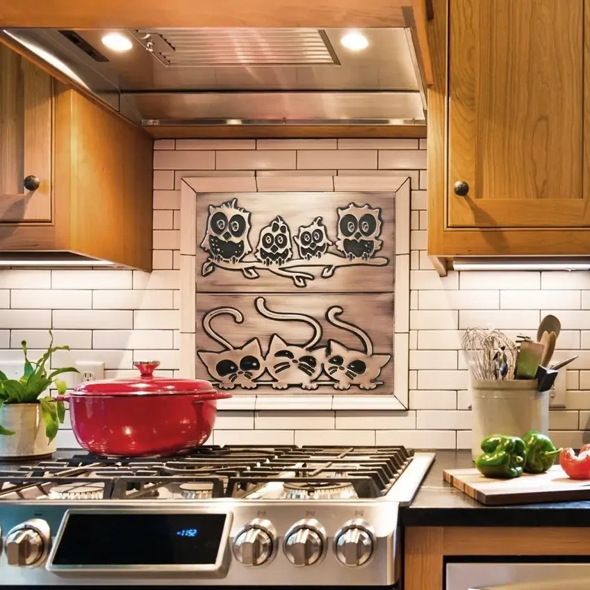 Family of owls on a branch and cats backsplash