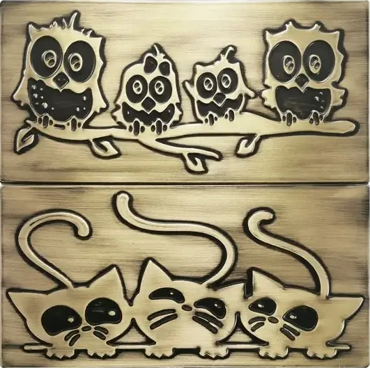 Family of owls on a branch and cats brass version