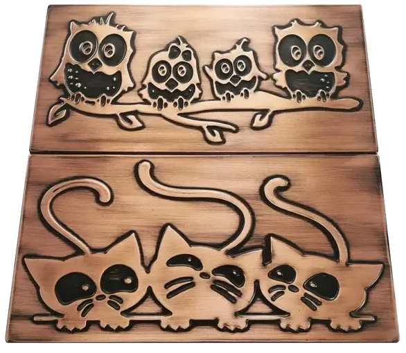 Family of owls on a branch and cats copper 2 version