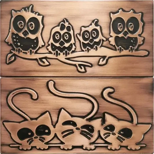 Family of owls on a branch and cats copper version