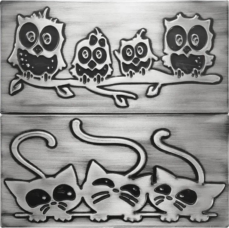 Family of owls on a branch and cats silver version