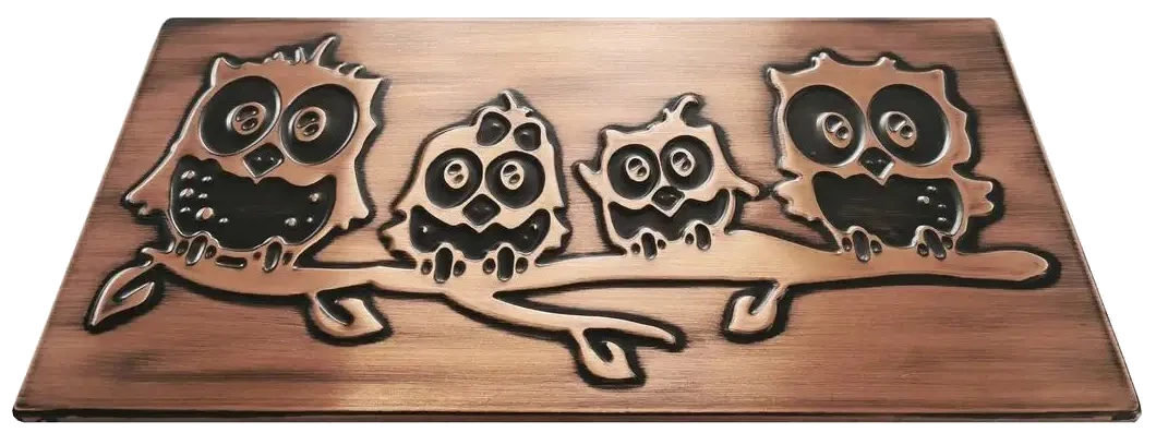Family of owls on a branch copper version