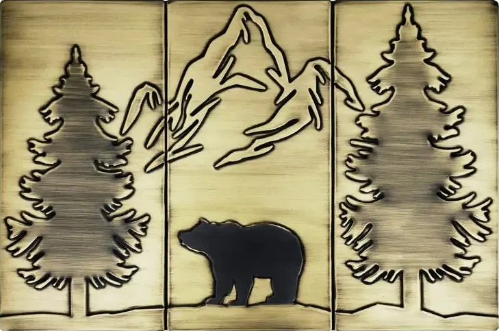 Bear, mountains and two pines backsplash brass version