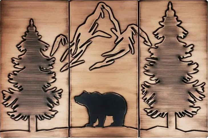 Bear, mountains and two pines backsplash copper version