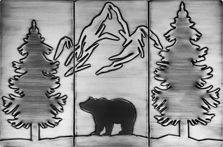 Bear, mountains and two pines backsplash silver version