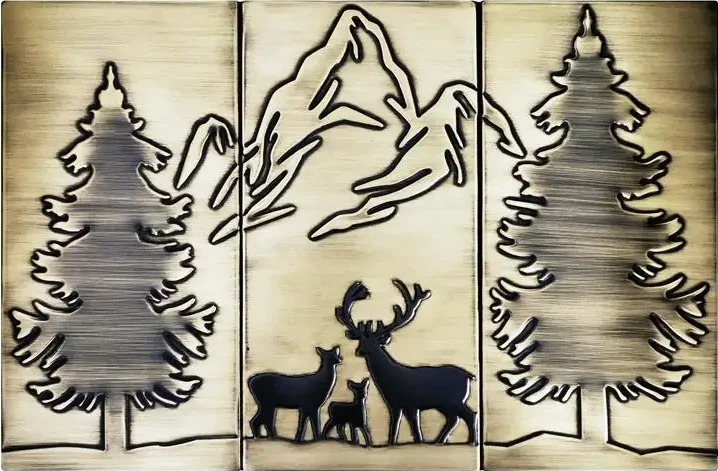 Happy deer family in the forest and mountains on brass tiles