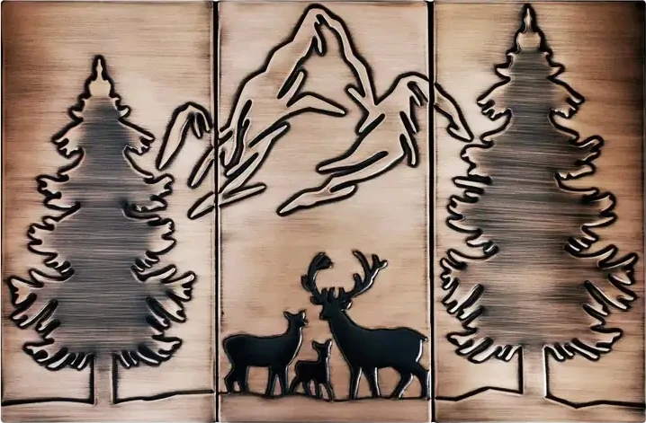 Happy deer family in the forest and mountains on copper tiles