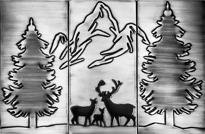 Happy deer family in the forest and mountains on steel tiles