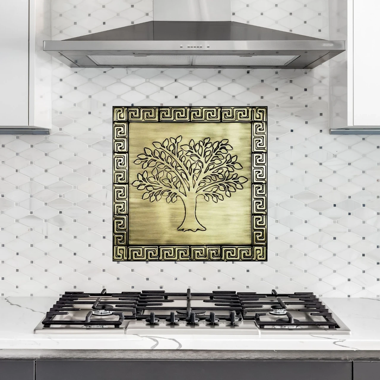 Beautiful tree with a Greek key pattern backsplash