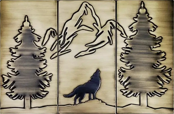 Wolf, mountains and two pines backsplash brass version