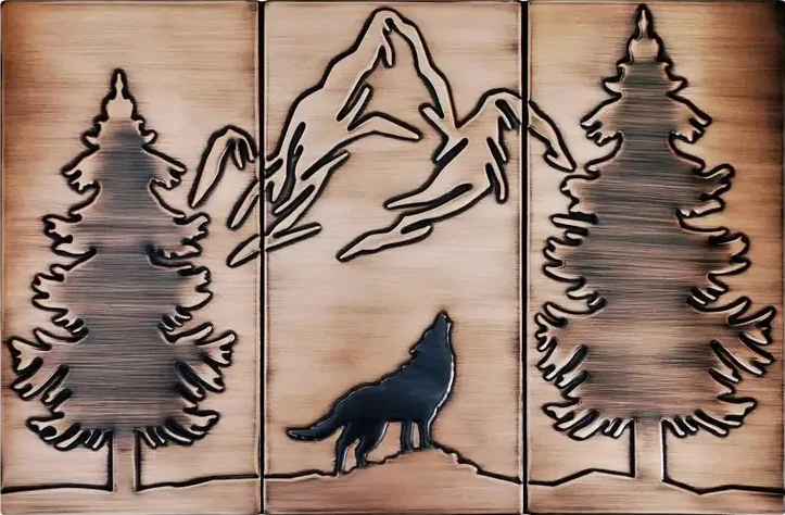 Wolf, mountains and two pines backsplash copper version