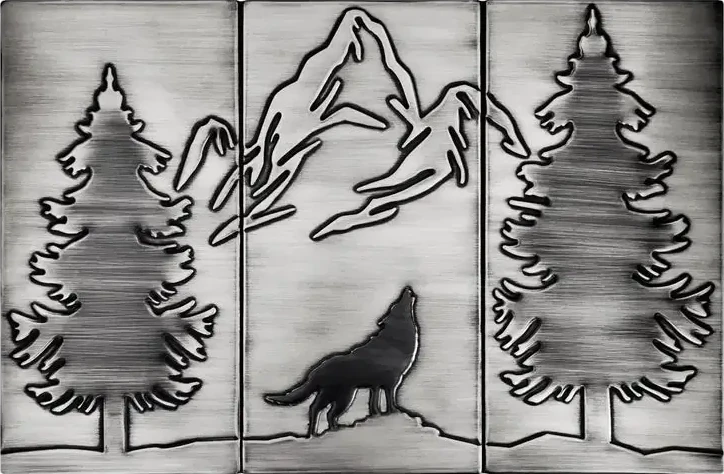 Wolf, mountains and two pines backsplash silver version