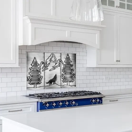 Wolf, mountains and two pines backsplash