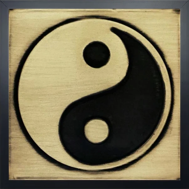 Ying Yang on brass tile in wooden frame