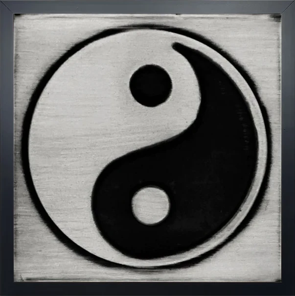 Ying Yang on steel tile in wooden frame