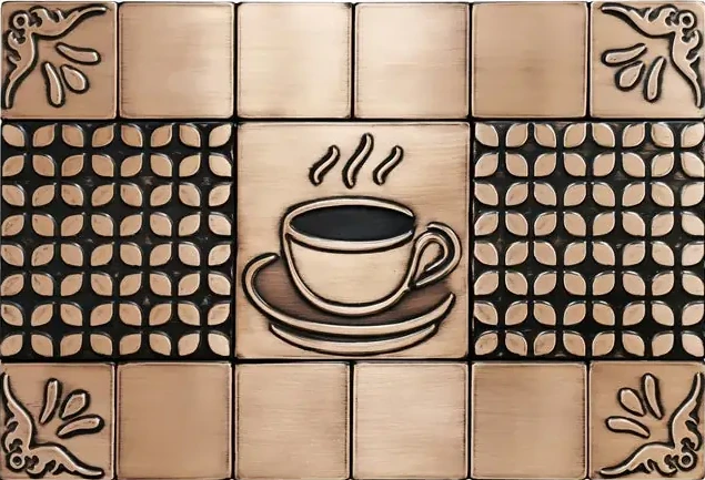 Beautiful backsplash with a cup of coffee copper version