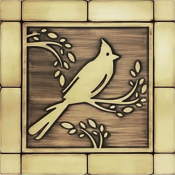 Cardinal bird on a branch handmade brass tiles