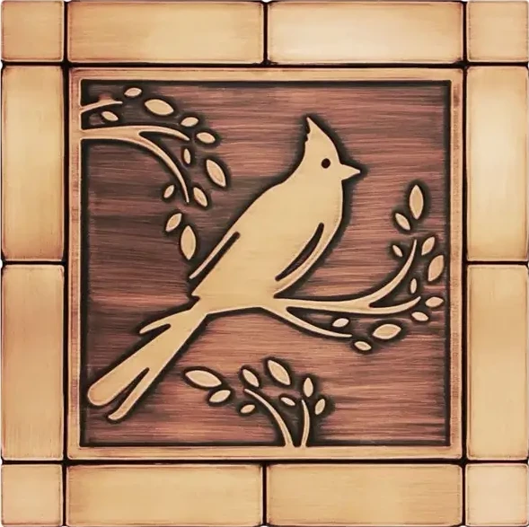 Cardinal bird on a branch handmade copper tiles