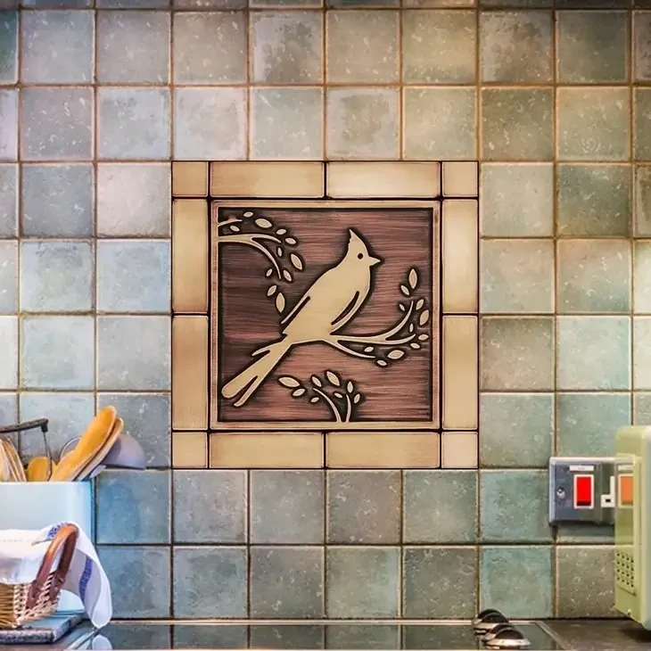 Cardinal bird on a branch handmade tiles