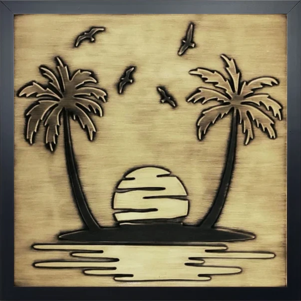 Paradise island sand palm trees seagulls on brass tile in wooden frame