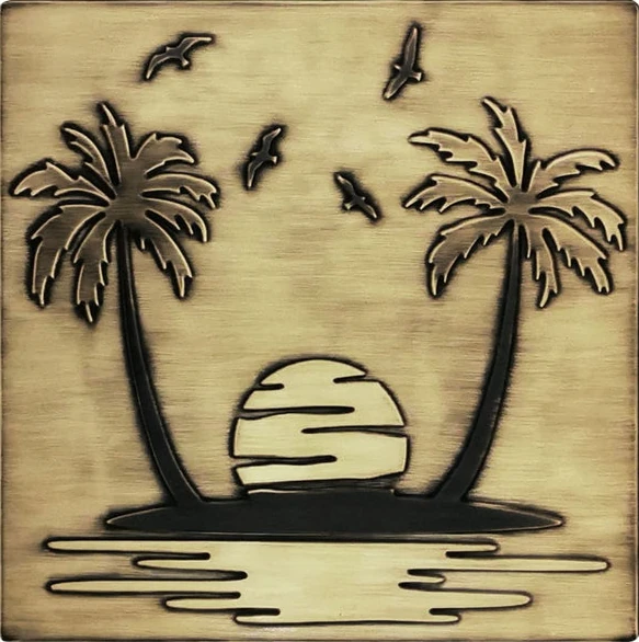 Paradise island - sand, palm trees, seagulls on brass tile