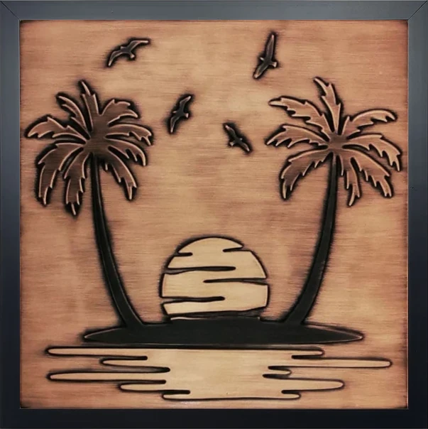 Paradise island sand palm trees seagulls on copper tile in wooden frame