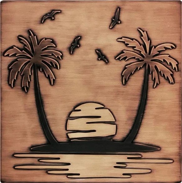 Paradise island - sand, palm trees, seagulls on copper tile