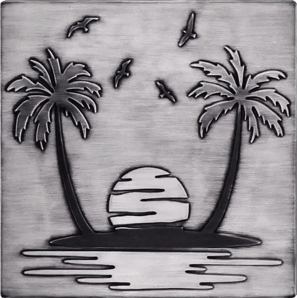 Paradise island - sand, palm trees, seagulls on silver tile