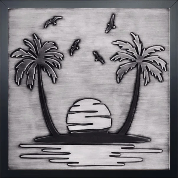 Paradise island sand palm trees seagulls on steel tile in wooden frame